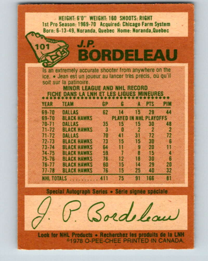 1978-79 O-Pee-Chee #101 J.P. Bordeleau  Chicago Blackhawks  V22310