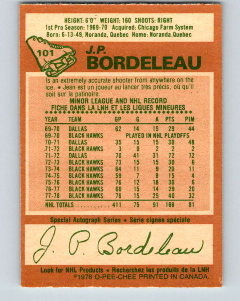 1978-79 O-Pee-Chee #101 J.P. Bordeleau  Chicago Blackhawks  V22313