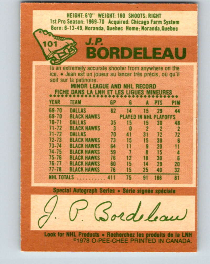 1978-79 O-Pee-Chee #101 J.P. Bordeleau  Chicago Blackhawks  V22317