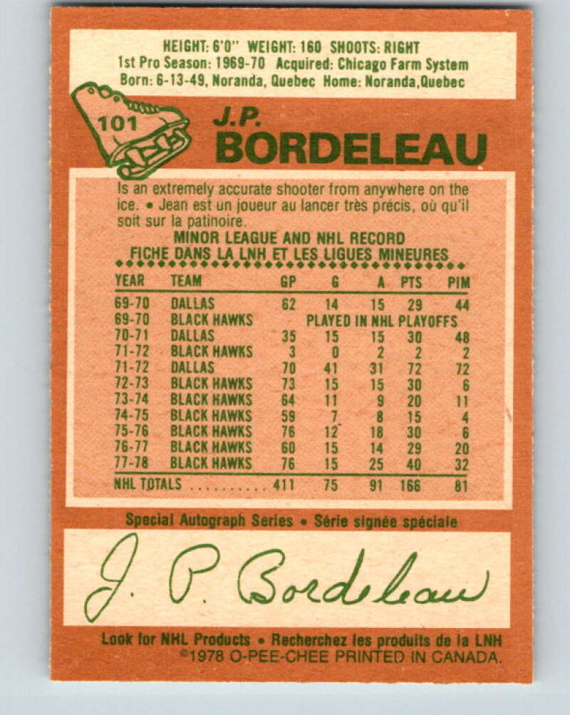 1978-79 O-Pee-Chee #101 J.P. Bordeleau  Chicago Blackhawks  V22318