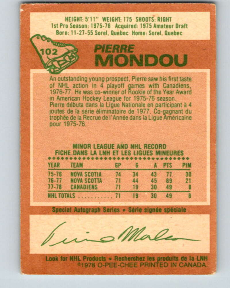 1978-79 O-Pee-Chee #102 Pierre Mondou RC Rookie Canadiens  V22324