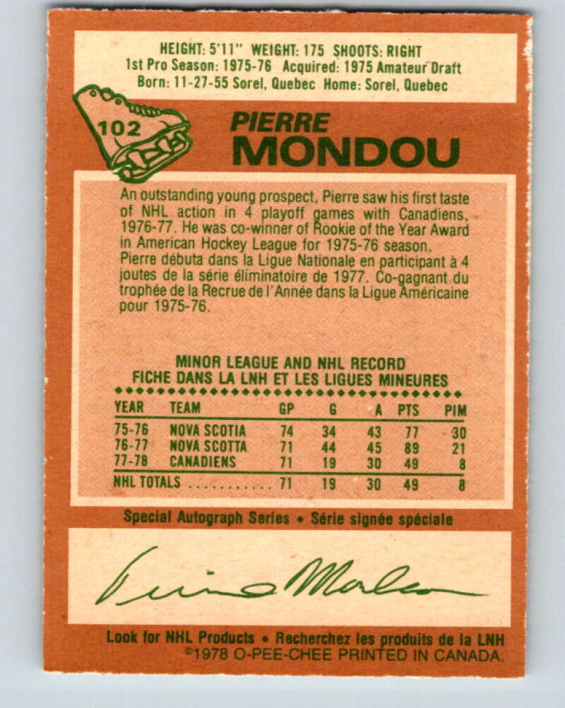 1978-79 O-Pee-Chee #102 Pierre Mondou RC Rookie Canadiens  V22325