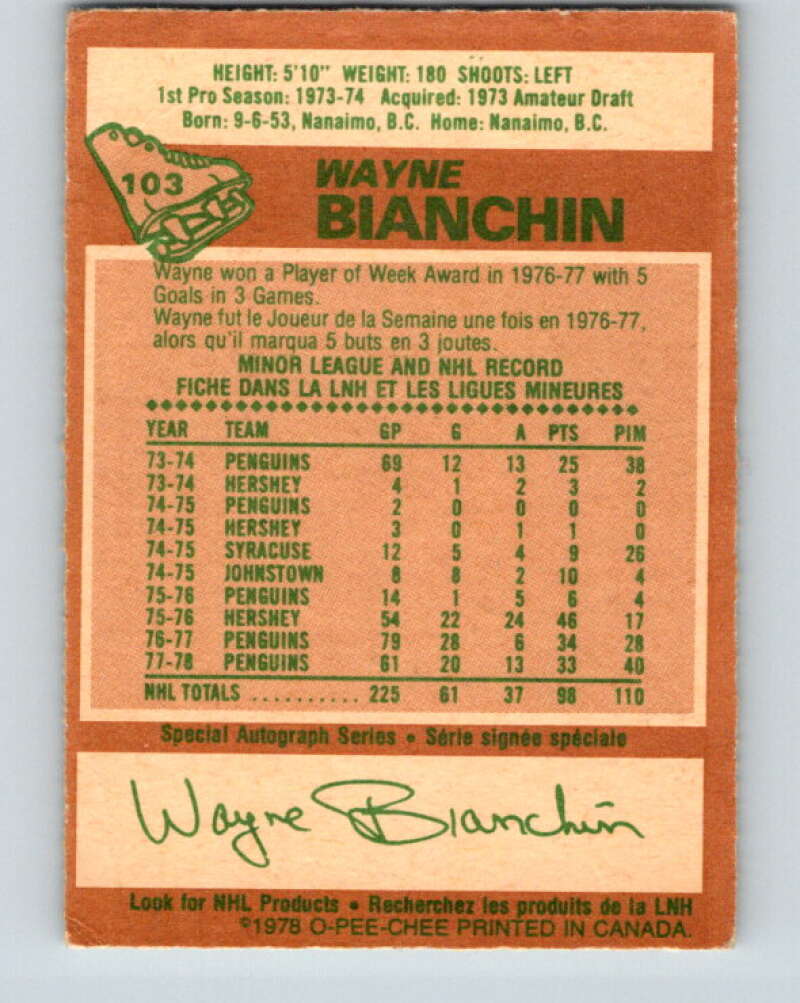 1978-79 O-Pee-Chee #103 Wayne Bianchin  Pittsburgh Penguins  V22326
