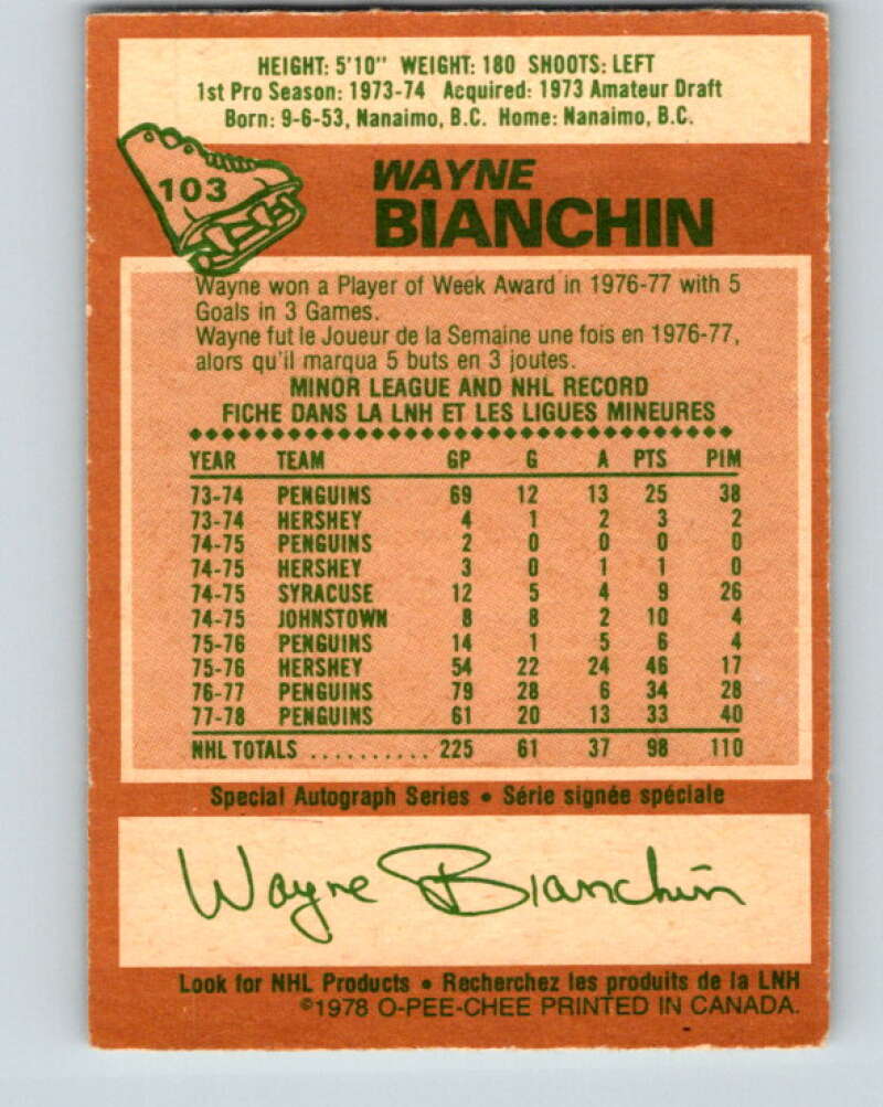 1978-79 O-Pee-Chee #103 Wayne Bianchin  Pittsburgh Penguins  V22327