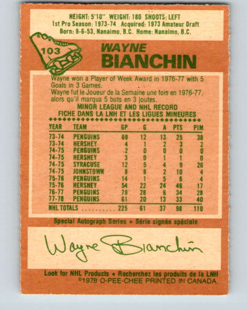 1978-79 O-Pee-Chee #103 Wayne Bianchin  Pittsburgh Penguins  V22331