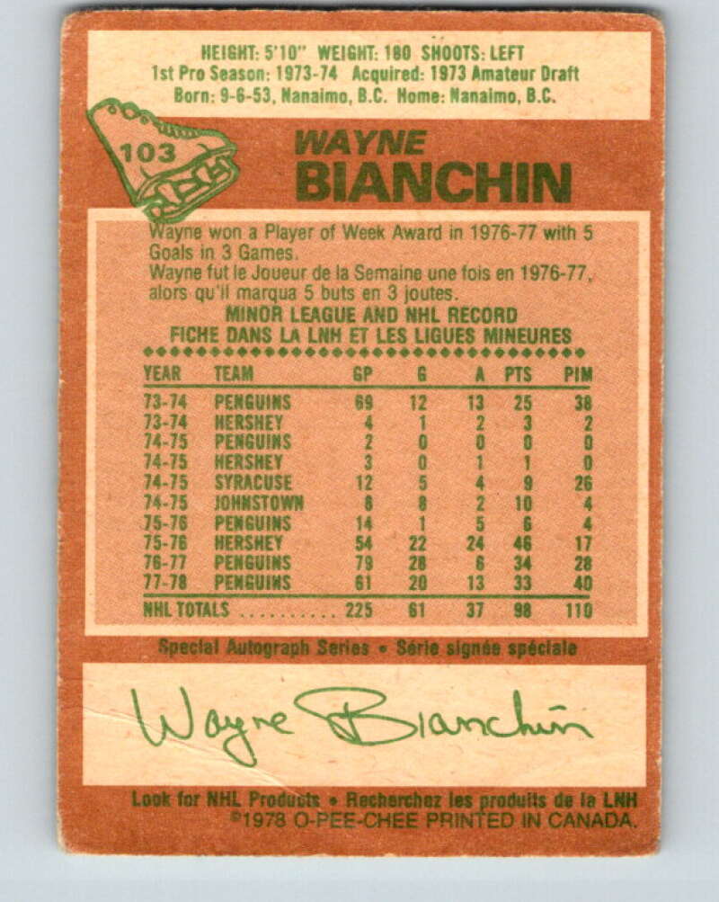 1978-79 O-Pee-Chee #103 Wayne Bianchin  Pittsburgh Penguins  V22334