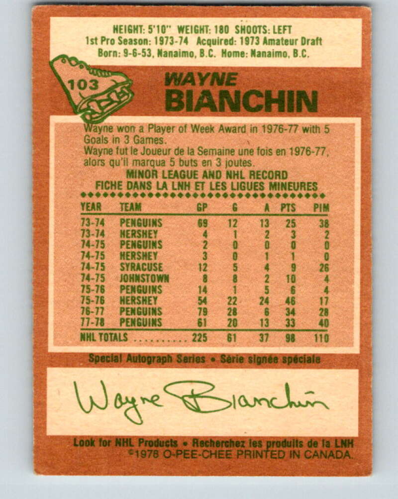 1978-79 O-Pee-Chee #103 Wayne Bianchin  Pittsburgh Penguins  V22336