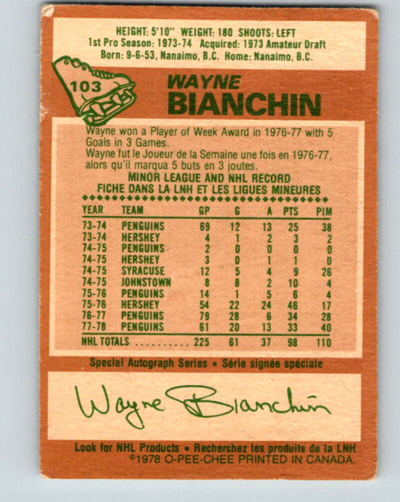 1978-79 O-Pee-Chee #103 Wayne Bianchin  Pittsburgh Penguins  V22337