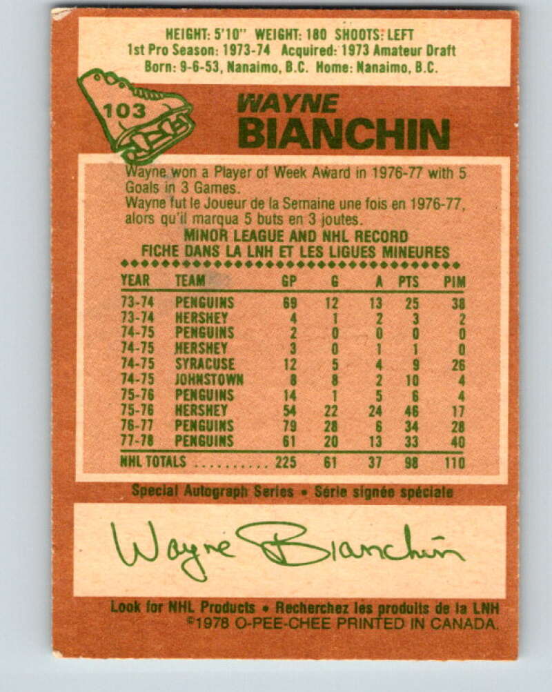 1978-79 O-Pee-Chee #103 Wayne Bianchin  Pittsburgh Penguins  V22338