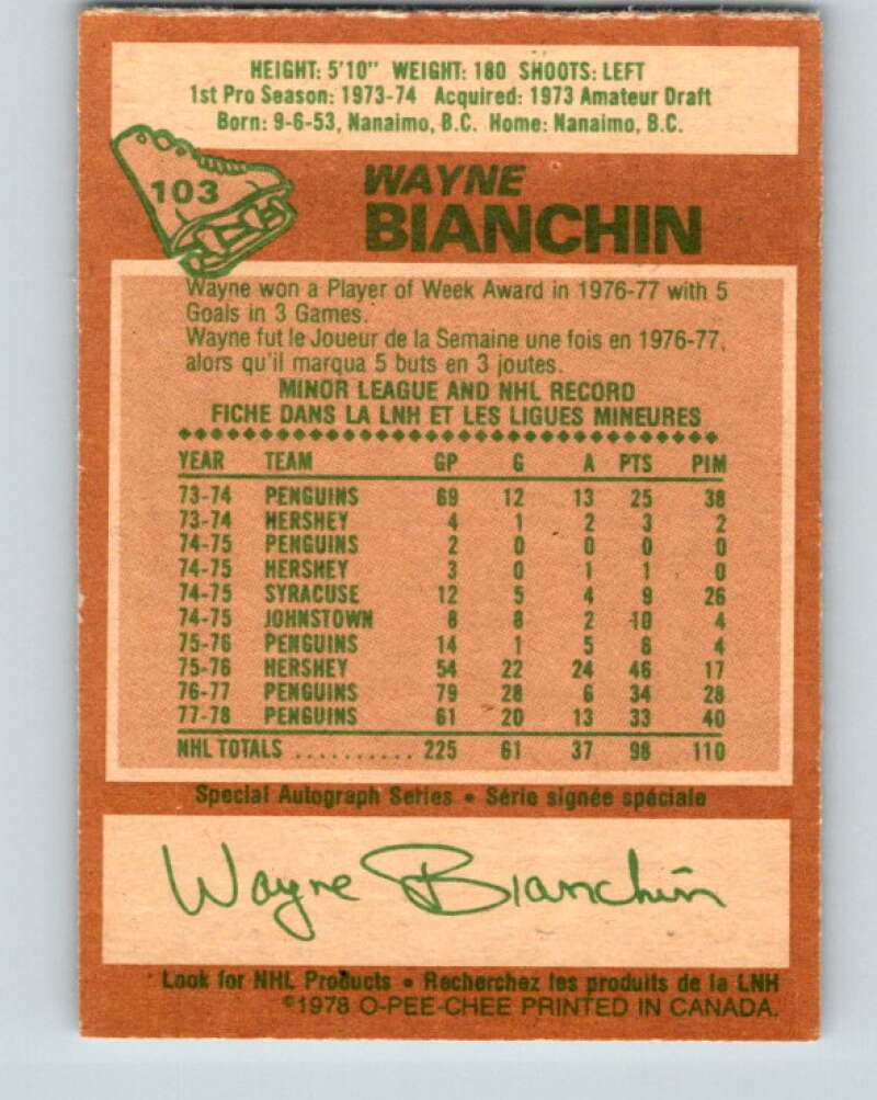 1978-79 O-Pee-Chee #103 Wayne Bianchin  Pittsburgh Penguins  V22340