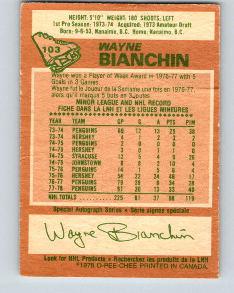 1978-79 O-Pee-Chee #103 Wayne Bianchin  Pittsburgh Penguins  V22342