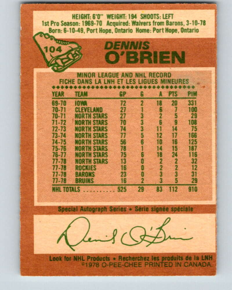 1978-79 O-Pee-Chee #104 Dennis O'Brien  Boston Bruins  V22347