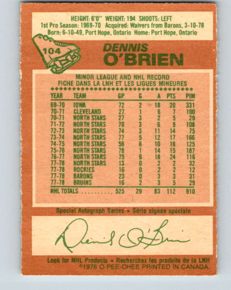 1978-79 O-Pee-Chee #104 Dennis O'Brien  Boston Bruins  V22351