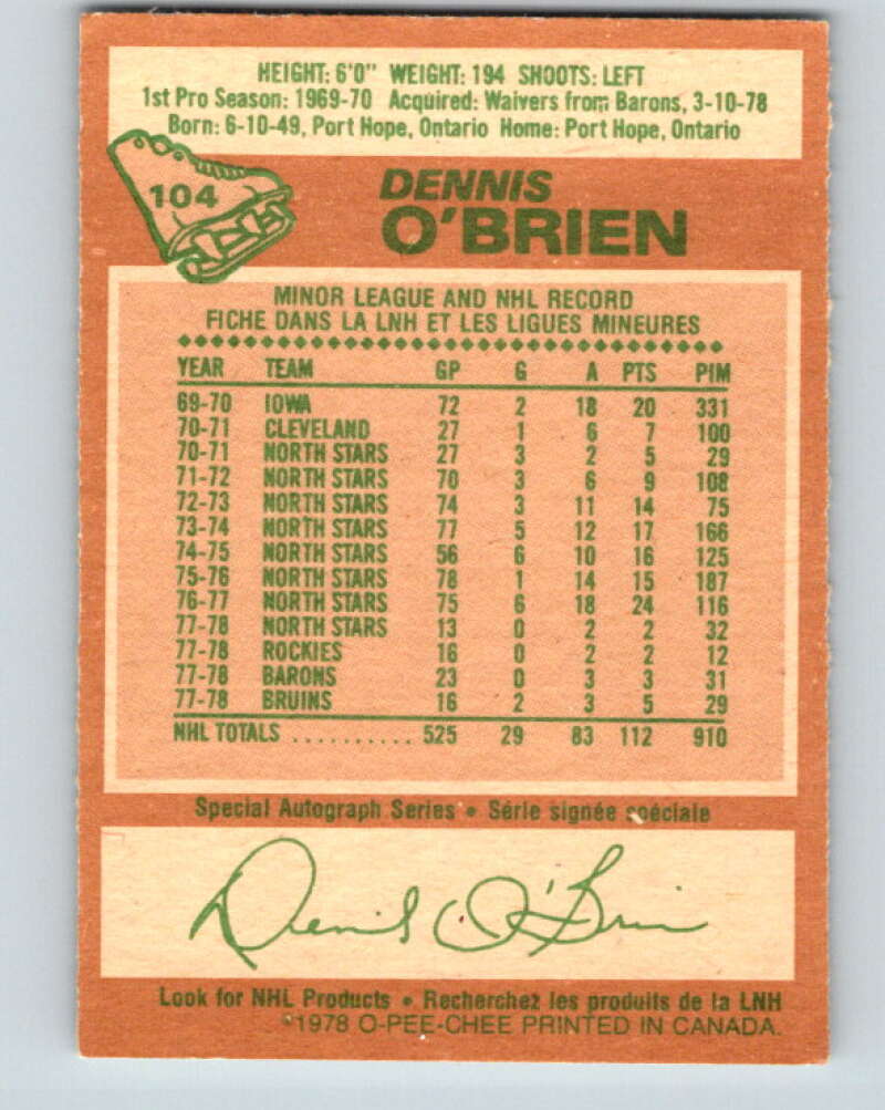 1978-79 O-Pee-Chee #104 Dennis O'Brien  Boston Bruins  V22352