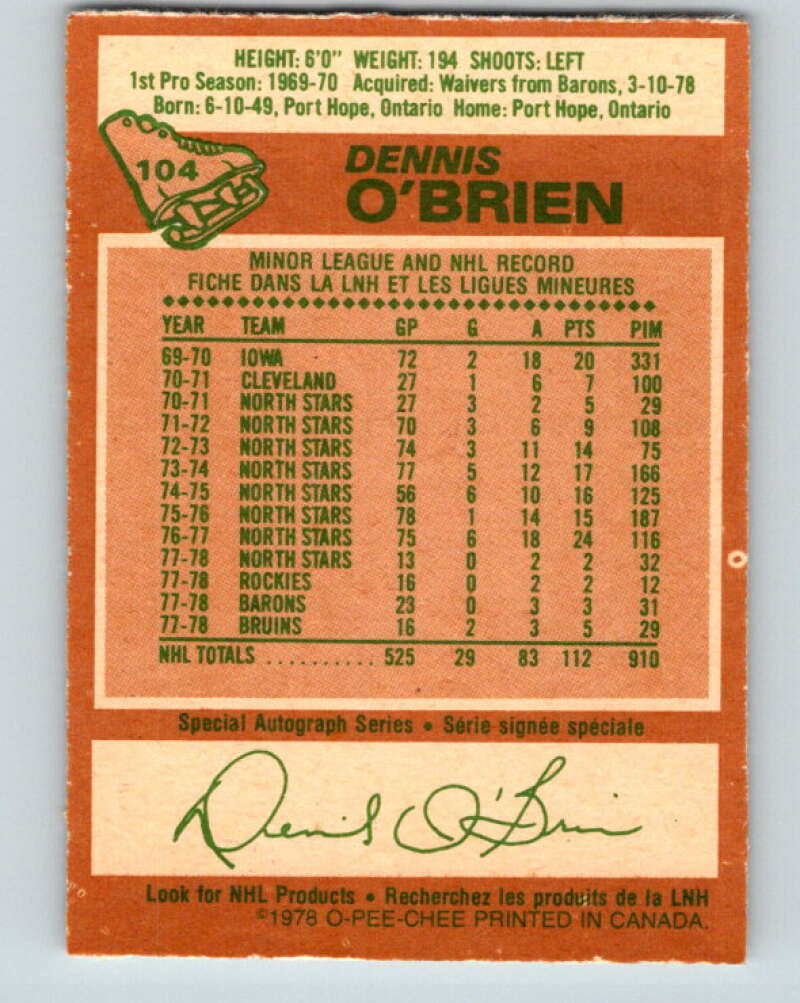 1978-79 O-Pee-Chee #104 Dennis O'Brien  Boston Bruins  V22357