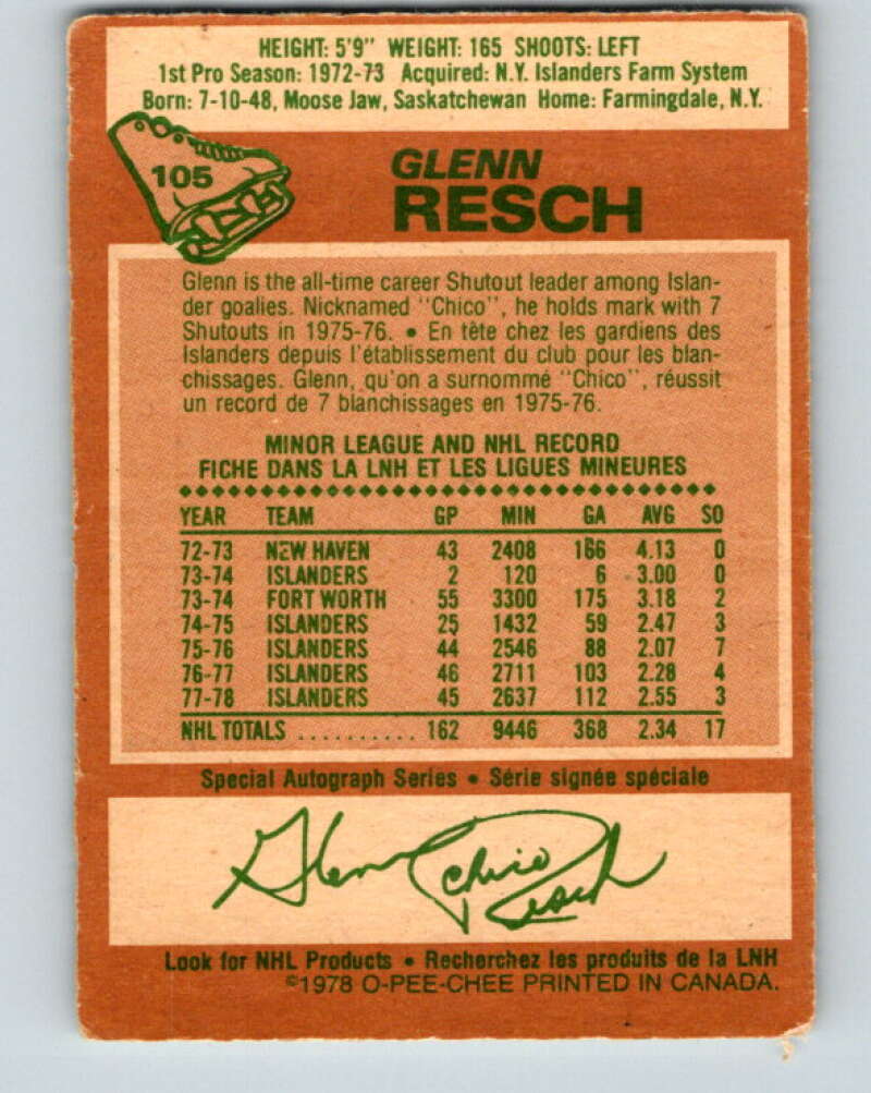1978-79 O-Pee-Chee #105 Glenn Resch  New York Islanders  V22365