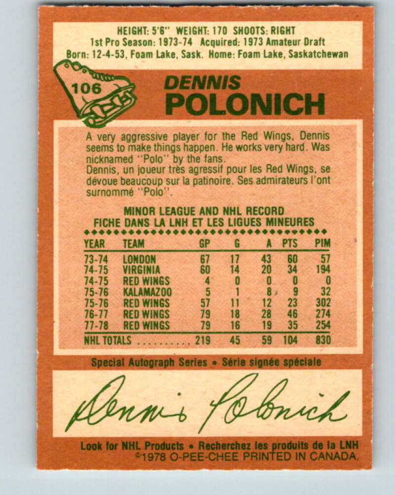 1978-79 O-Pee-Chee #106 Dennis Polonich  Detroit Red Wings  V22367