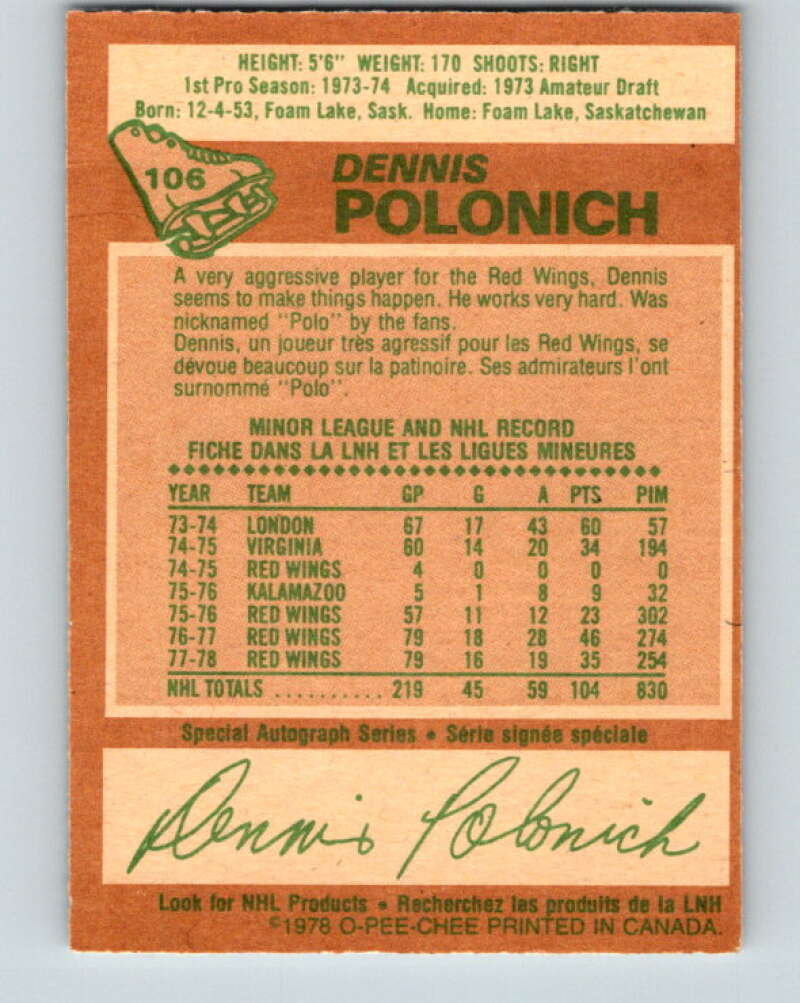 1978-79 O-Pee-Chee #106 Dennis Polonich  Detroit Red Wings  V22370