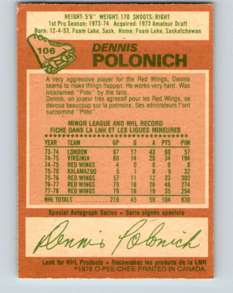 1978-79 O-Pee-Chee #106 Dennis Polonich  Detroit Red Wings  V22374