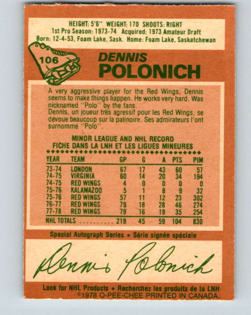1978-79 O-Pee-Chee #106 Dennis Polonich  Detroit Red Wings  V22376