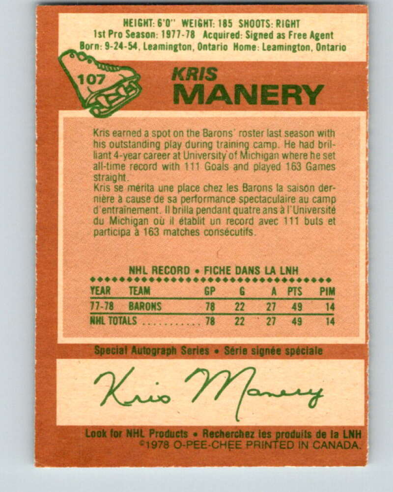 1978-79 O-Pee-Chee #107 Kris Manery  RC Rookie Minnesota  V22379