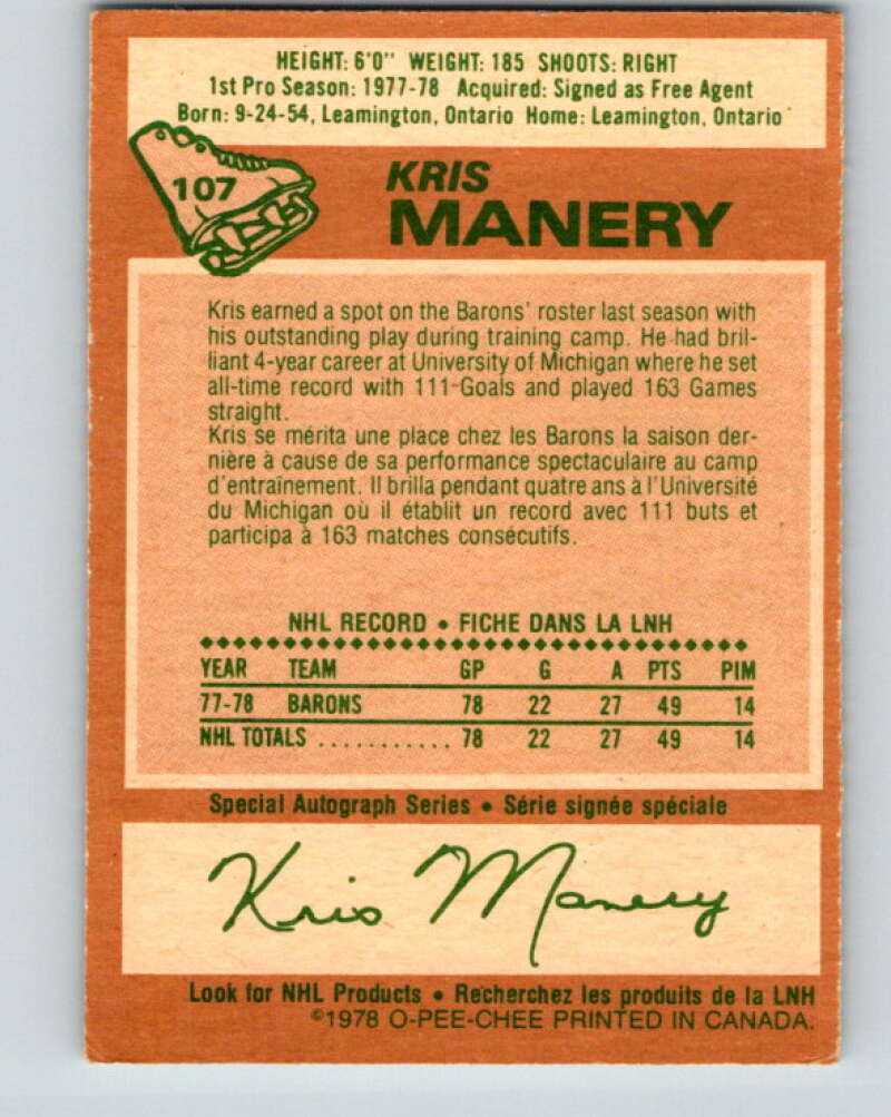 1978-79 O-Pee-Chee #107 Kris Manery  RC Rookie Minnesota  V22380