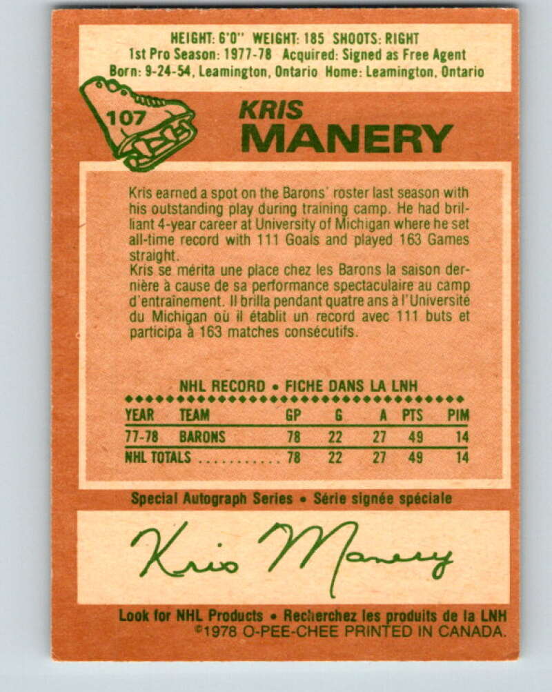 1978-79 O-Pee-Chee #107 Kris Manery  RC Rookie Minnesota  V22381