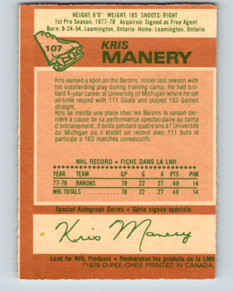 1978-79 O-Pee-Chee #107 Kris Manery  RC Rookie Minnesota  V22385