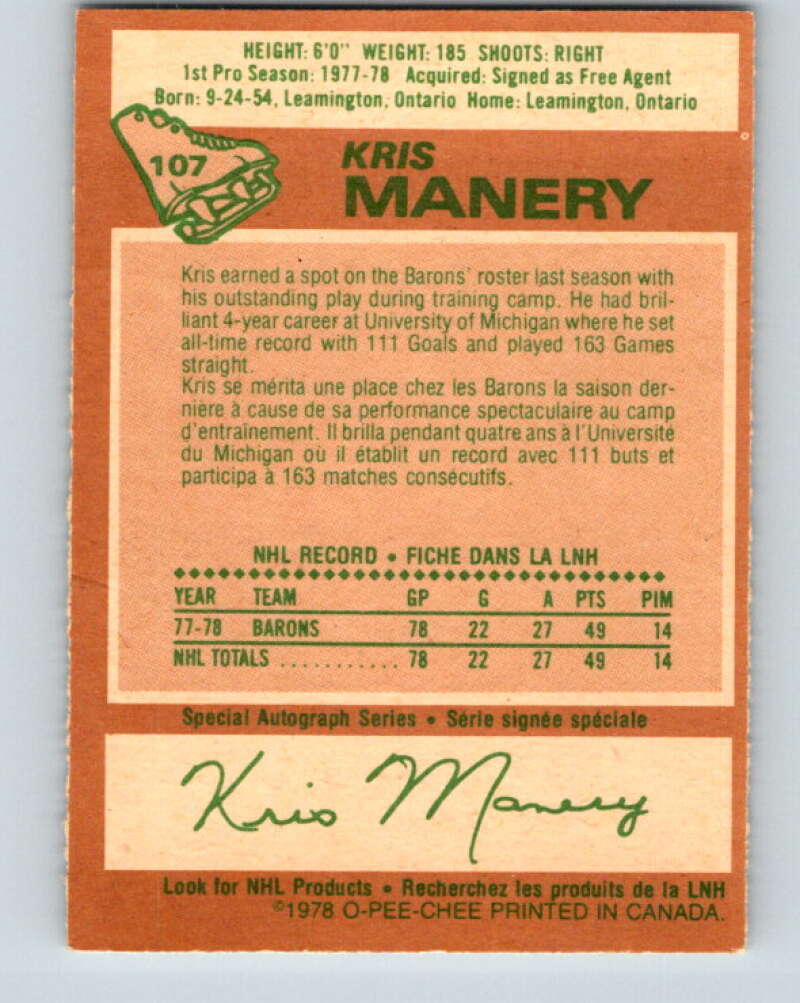 1978-79 O-Pee-Chee #107 Kris Manery  RC Rookie Minnesota  V22386