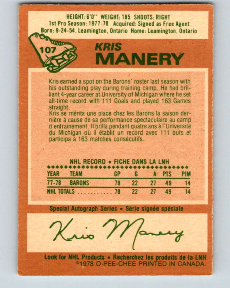 1978-79 O-Pee-Chee #107 Kris Manery  RC Rookie Minnesota  V22388