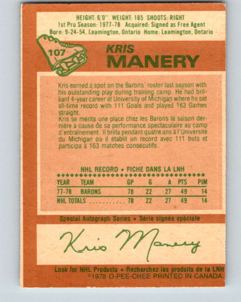 1978-79 O-Pee-Chee #107 Kris Manery  RC Rookie Minnesota  V22390