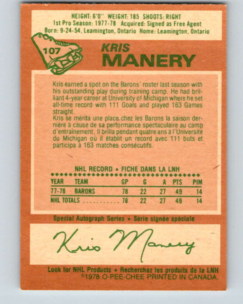 1978-79 O-Pee-Chee #107 Kris Manery  RC Rookie Minnesota  V22391
