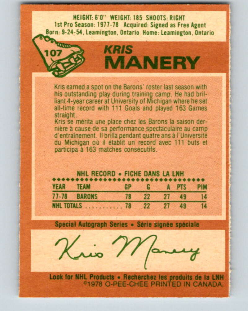 1978-79 O-Pee-Chee #107 Kris Manery  RC Rookie Minnesota  V22393