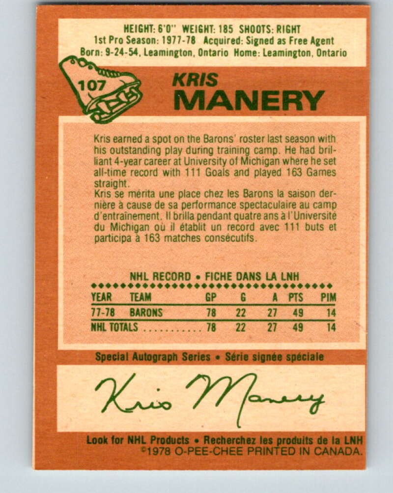 1978-79 O-Pee-Chee #107 Kris Manery  RC Rookie Minnesota  V22394