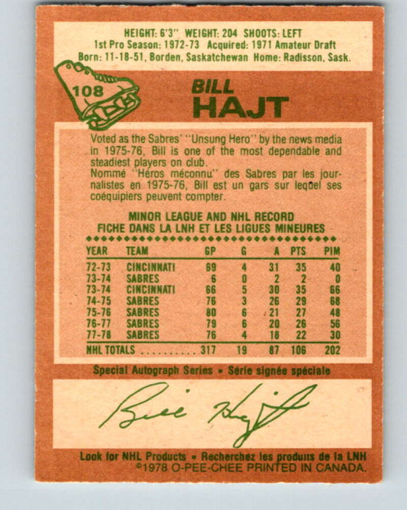 1978-79 O-Pee-Chee #108 Bill Hajt  Buffalo Sabres  V22396