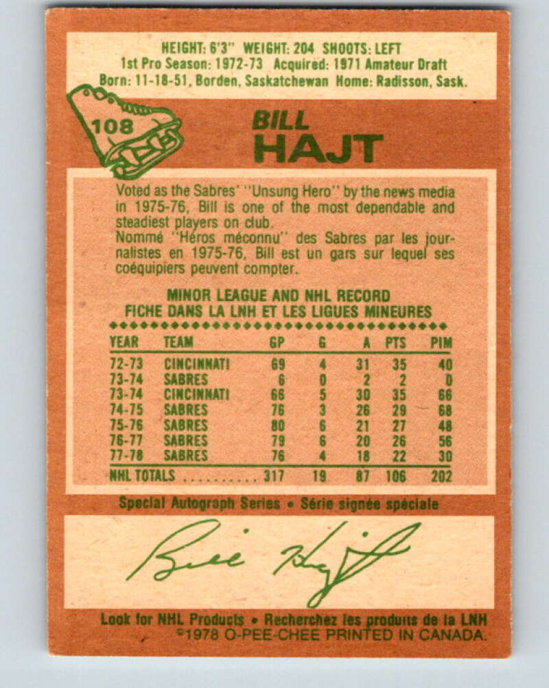 1978-79 O-Pee-Chee #108 Bill Hajt  Buffalo Sabres  V22397