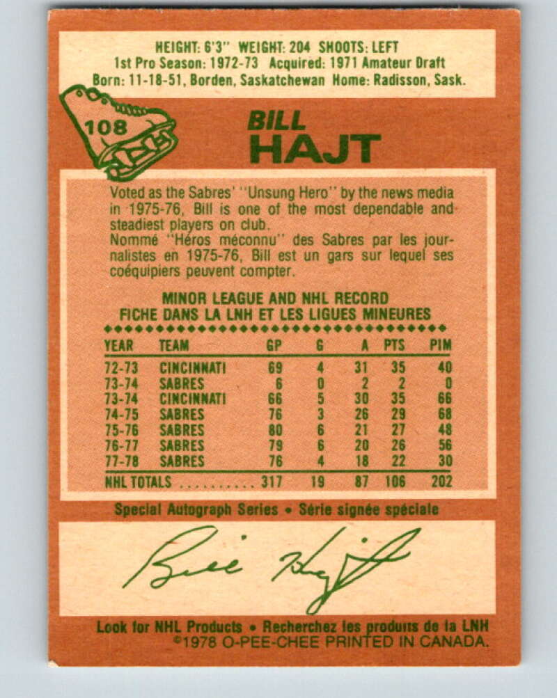 1978-79 O-Pee-Chee #108 Bill Hajt  Buffalo Sabres  V22398