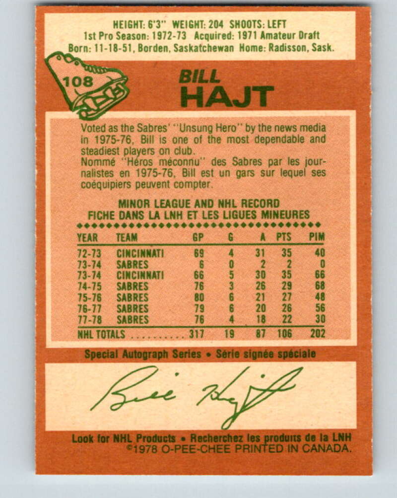 1978-79 O-Pee-Chee #108 Bill Hajt  Buffalo Sabres  V22399