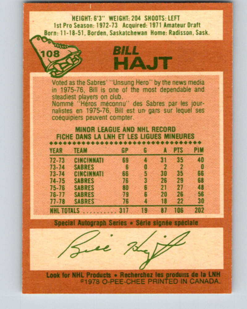 1978-79 O-Pee-Chee #108 Bill Hajt  Buffalo Sabres  V22401