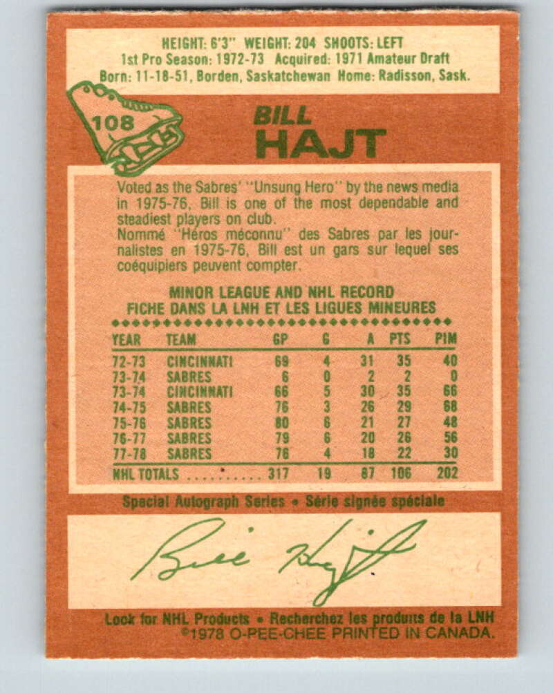 1978-79 O-Pee-Chee #108 Bill Hajt  Buffalo Sabres  V22402