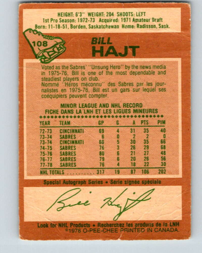 1978-79 O-Pee-Chee #108 Bill Hajt  Buffalo Sabres  V22403