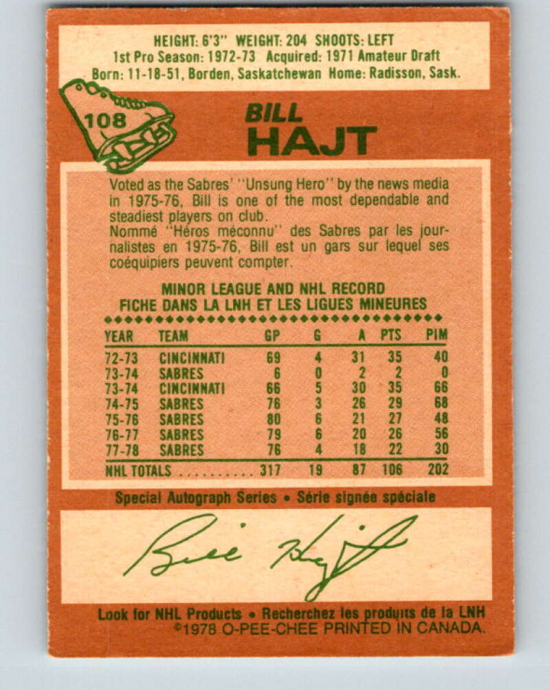 1978-79 O-Pee-Chee #108 Bill Hajt  Buffalo Sabres  V22404