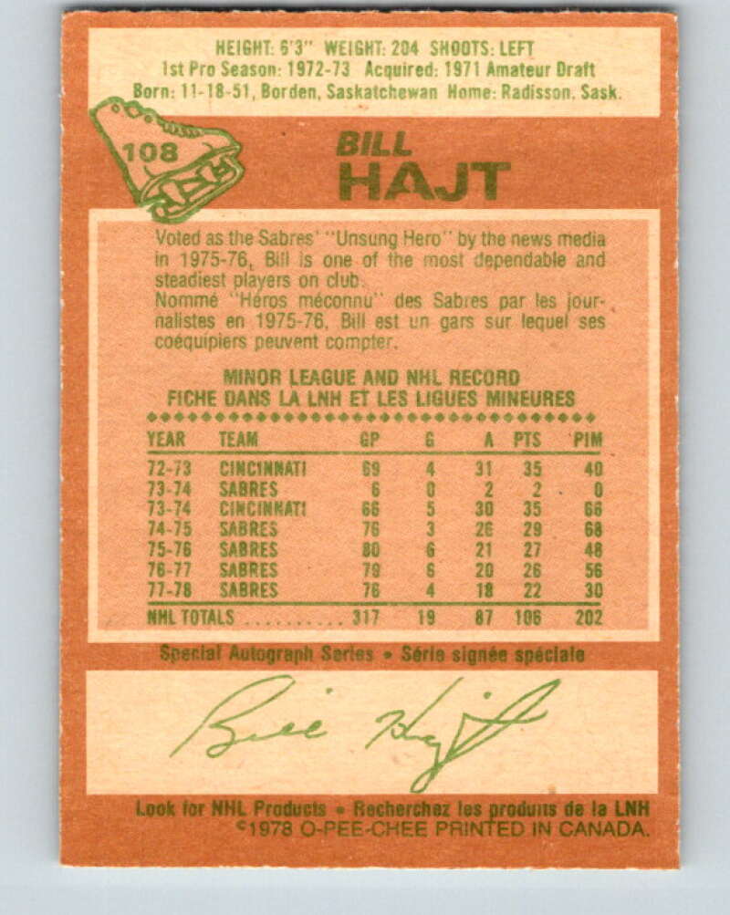 1978-79 O-Pee-Chee #108 Bill Hajt  Buffalo Sabres  V22406