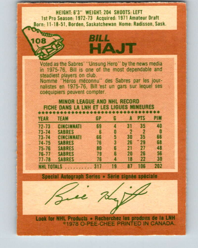 1978-79 O-Pee-Chee #108 Bill Hajt  Buffalo Sabres  V22407