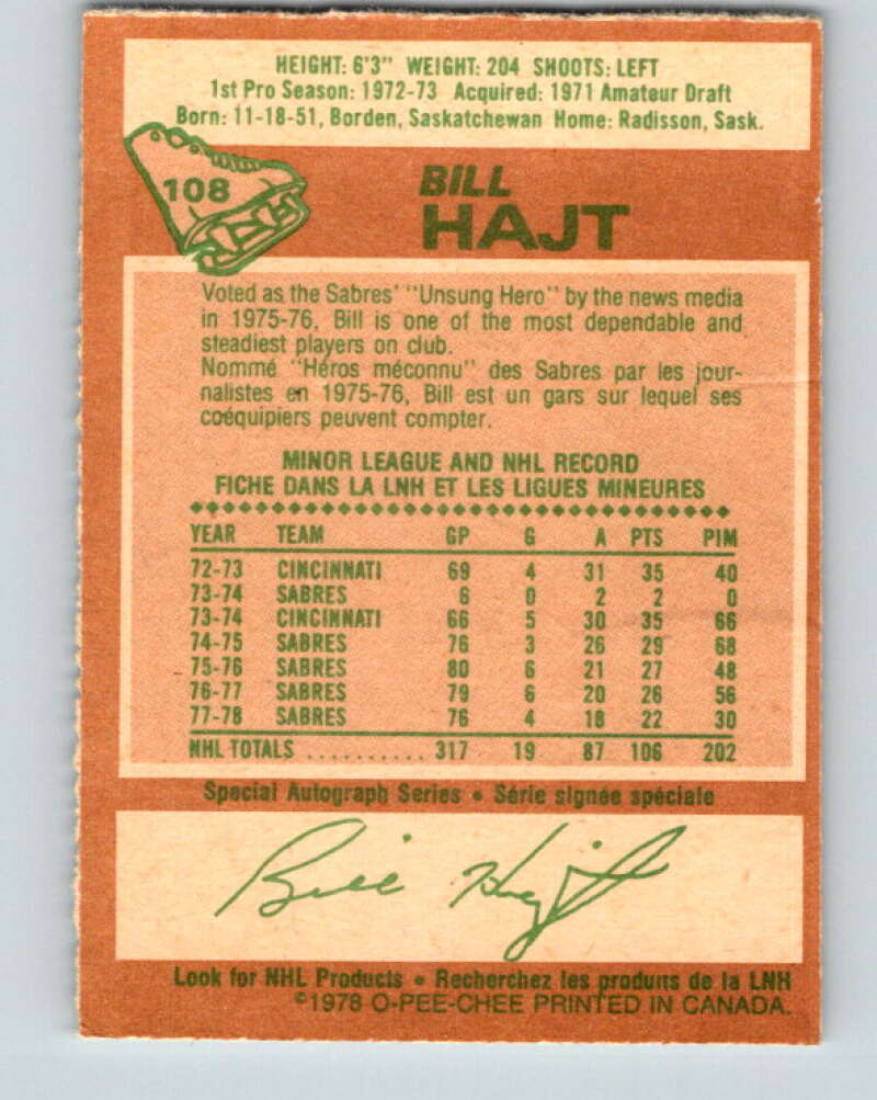 1978-79 O-Pee-Chee #108 Bill Hajt  Buffalo Sabres  V22408