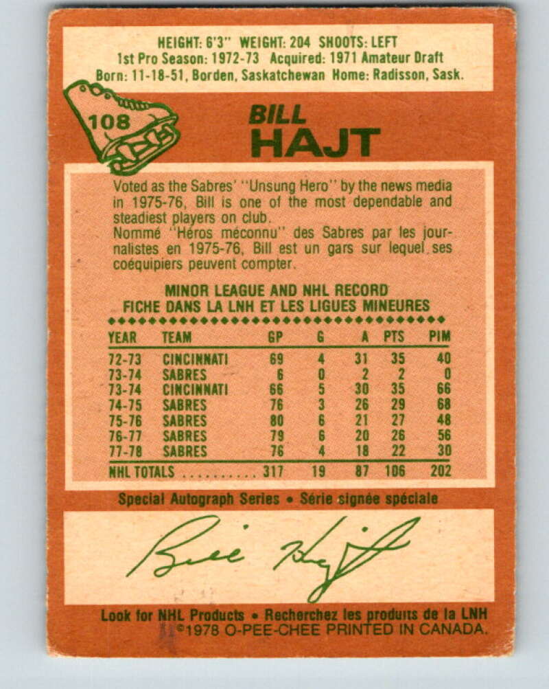 1978-79 O-Pee-Chee #108 Bill Hajt  Buffalo Sabres  V22409