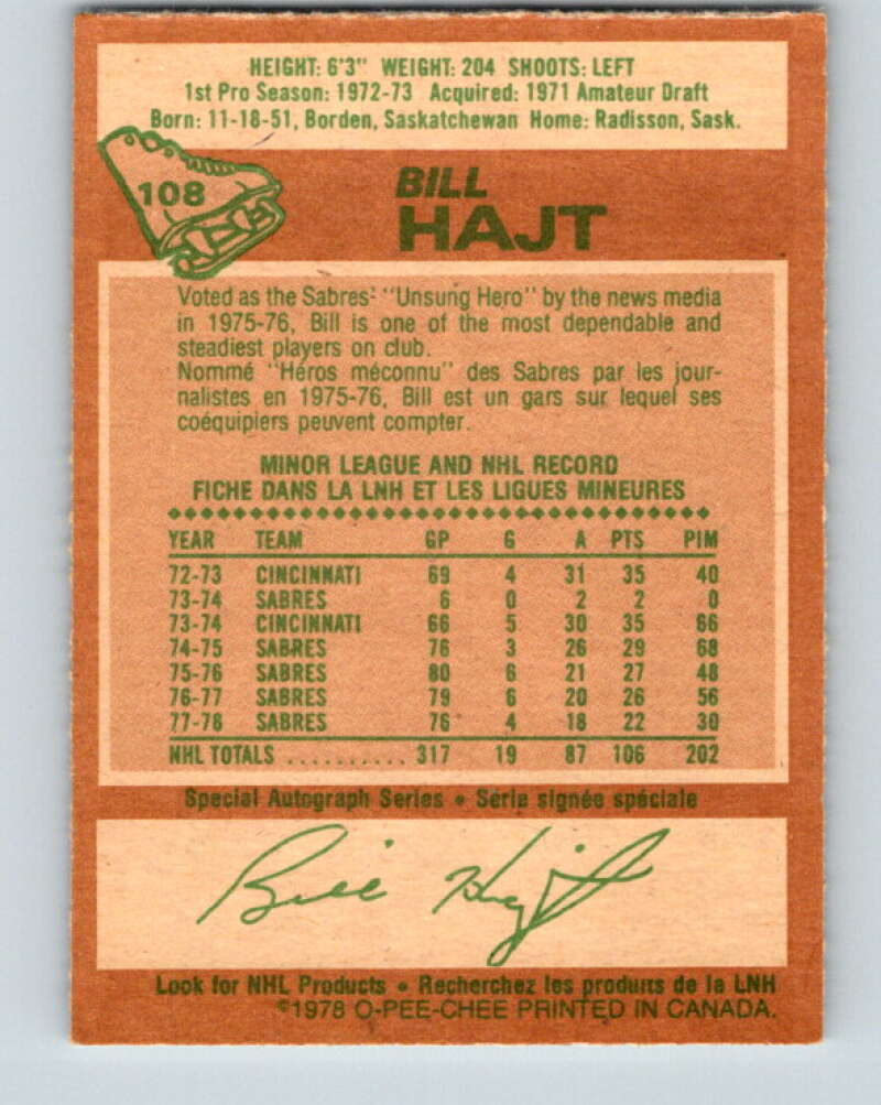 1978-79 O-Pee-Chee #108 Bill Hajt  Buffalo Sabres  V22412