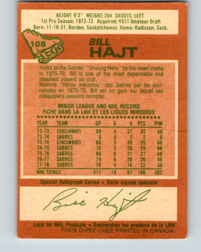 1978-79 O-Pee-Chee #108 Bill Hajt  Buffalo Sabres  V22413