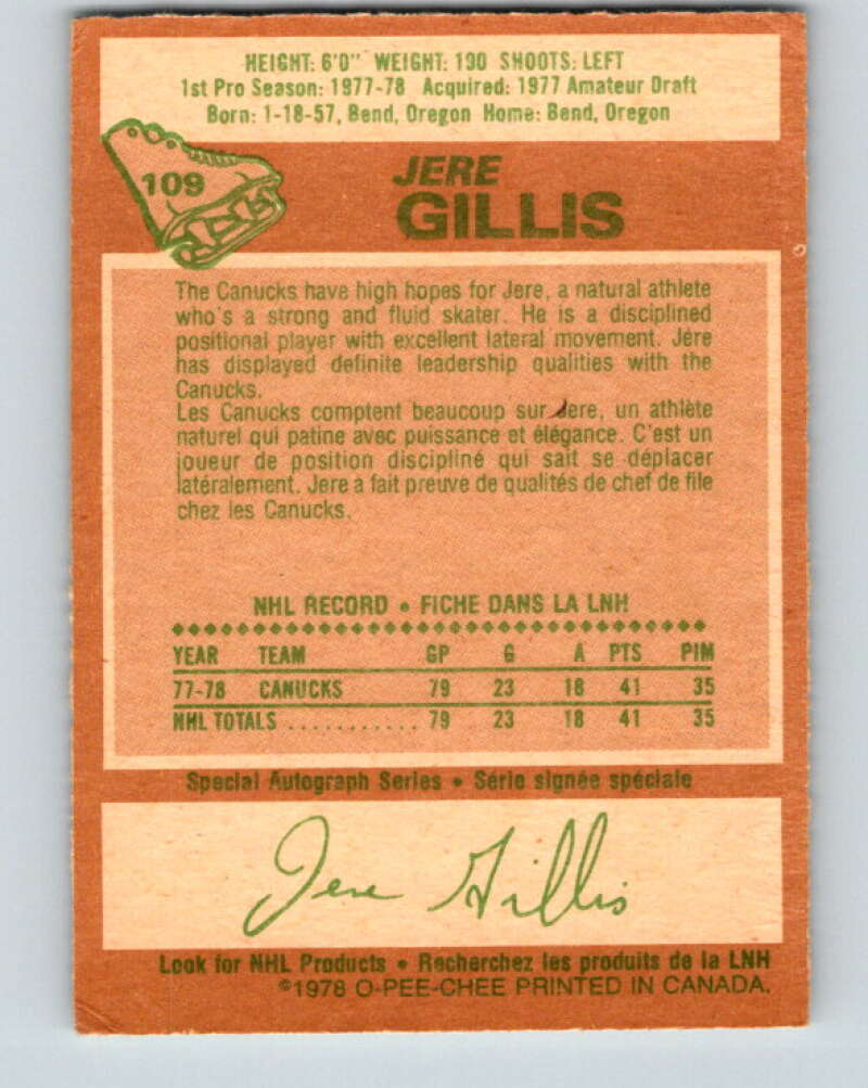 1978-79 O-Pee-Chee #109 Jere Gillis RC Rookie Canucks  V22416