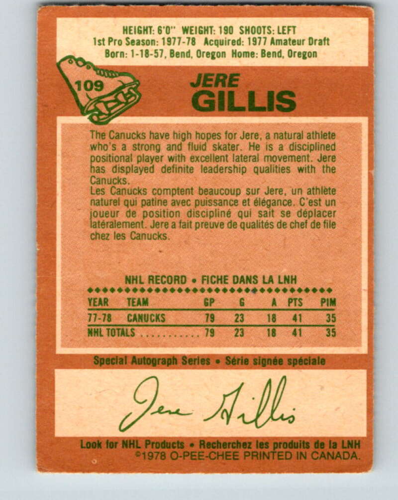 1978-79 O-Pee-Chee #109 Jere Gillis RC Rookie Canucks  V22417
